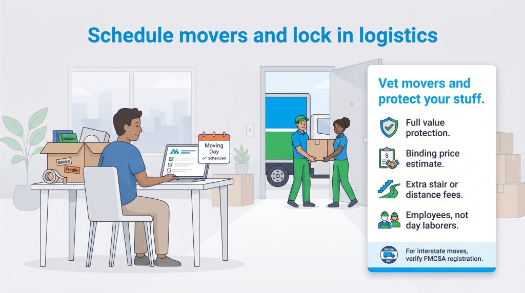 Illustration showing a man scheduling movers online and a checklist for vetting moving companies.