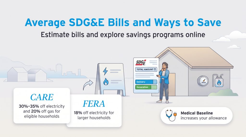Infographic illustrating how to estimate SDG&E bills and apply for CARE, FERA, and Medical Baseline savings programs.