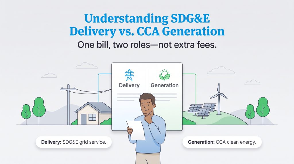 An infographic explains that an SDG&E bill is split into delivery and CCA generation charges.