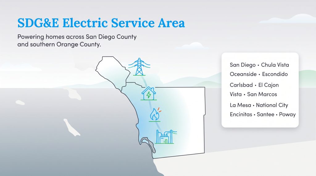 Map of SDG&E service area in San Diego and Orange Counties with a list of major cities served.