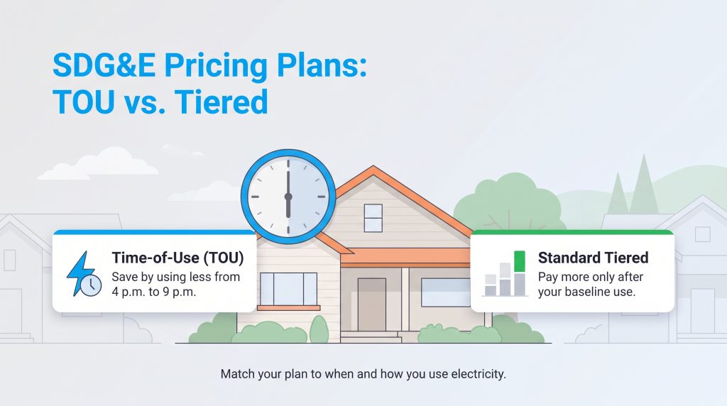 Illustration comparing SDG&E's Time-of-Use plan with peak rates 4-9 p.m. and Standard Tiered plan with usage-based costs.
