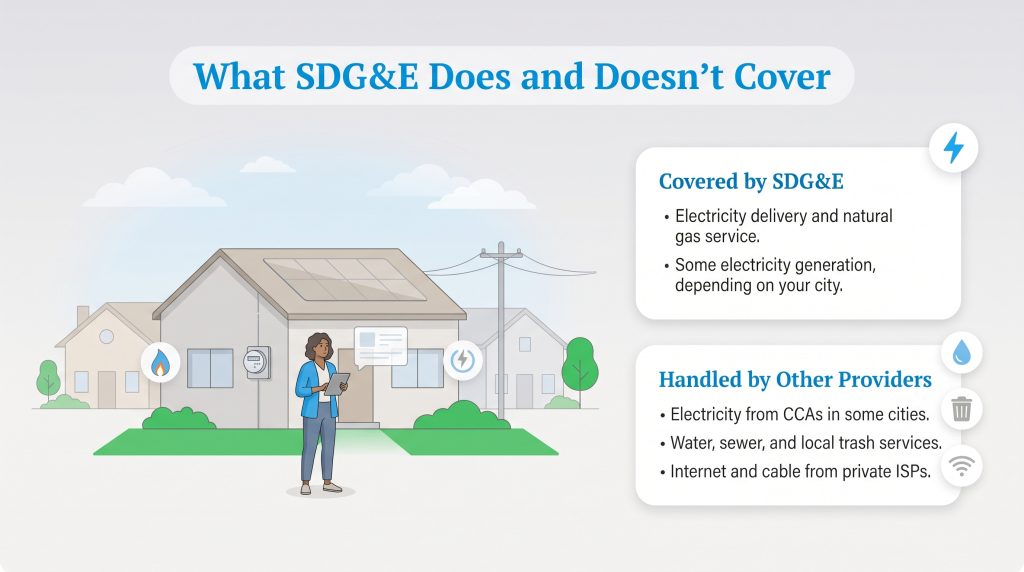 Infographic shows SDG&E covers gas and electric delivery, while other utilities use separate providers.