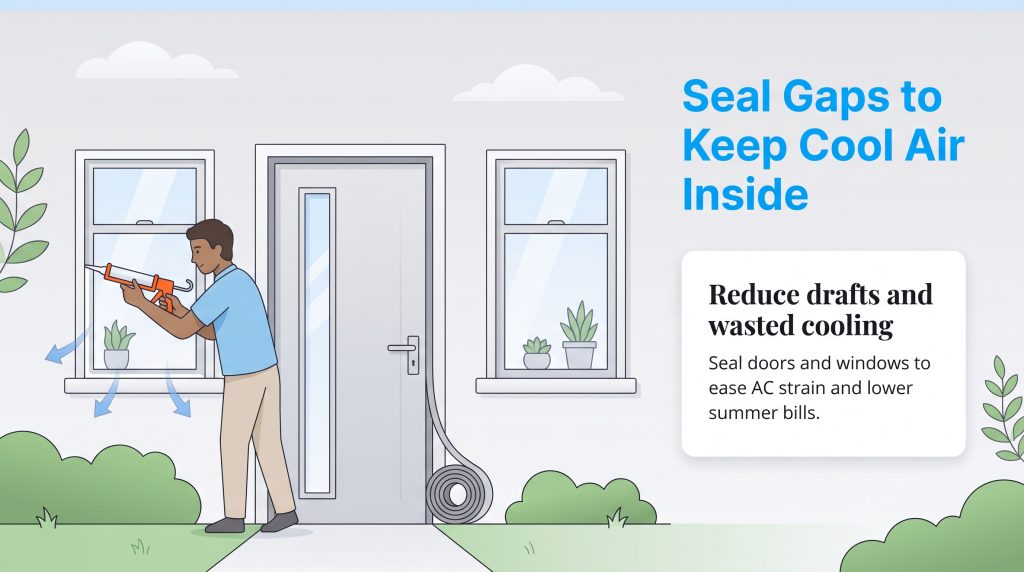 Illustration of a person sealing a window frame with a caulk gun, with text about reducing drafts.
