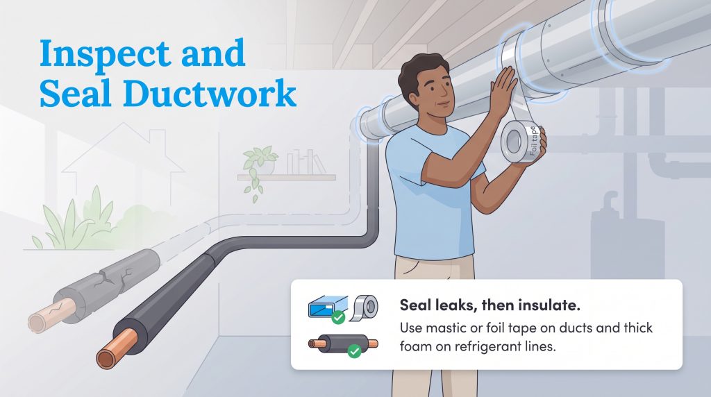 Man applies foil tape to a duct. A graphic shows sealing leaks before insulating refrigerant lines.