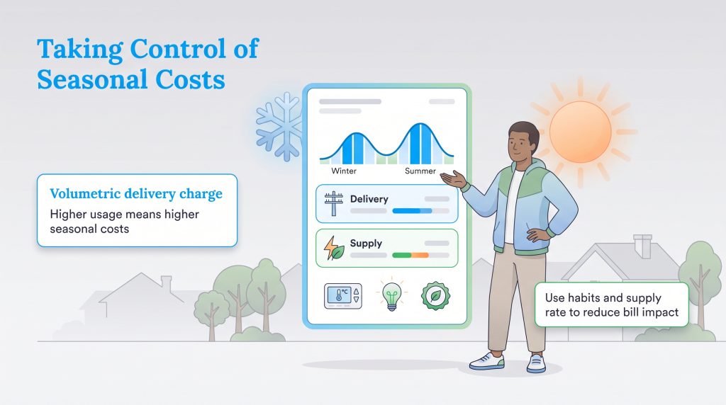 Man points to a chart showing how winter and summer energy usage spikes increase volumetric delivery charges.