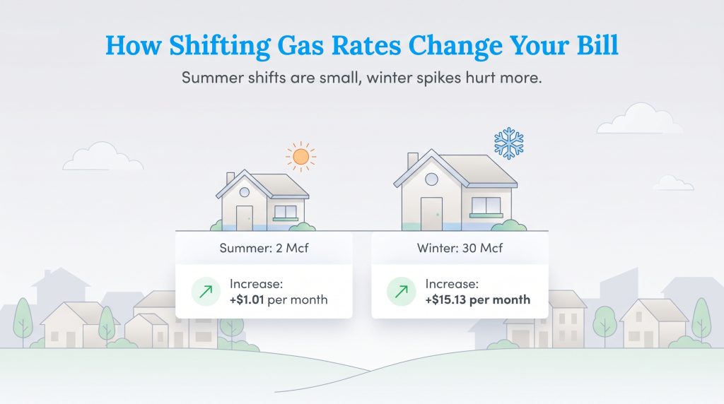 Infographic showing gas rate shifts increase summer bills by $1.01 and winter bills by $15.13.