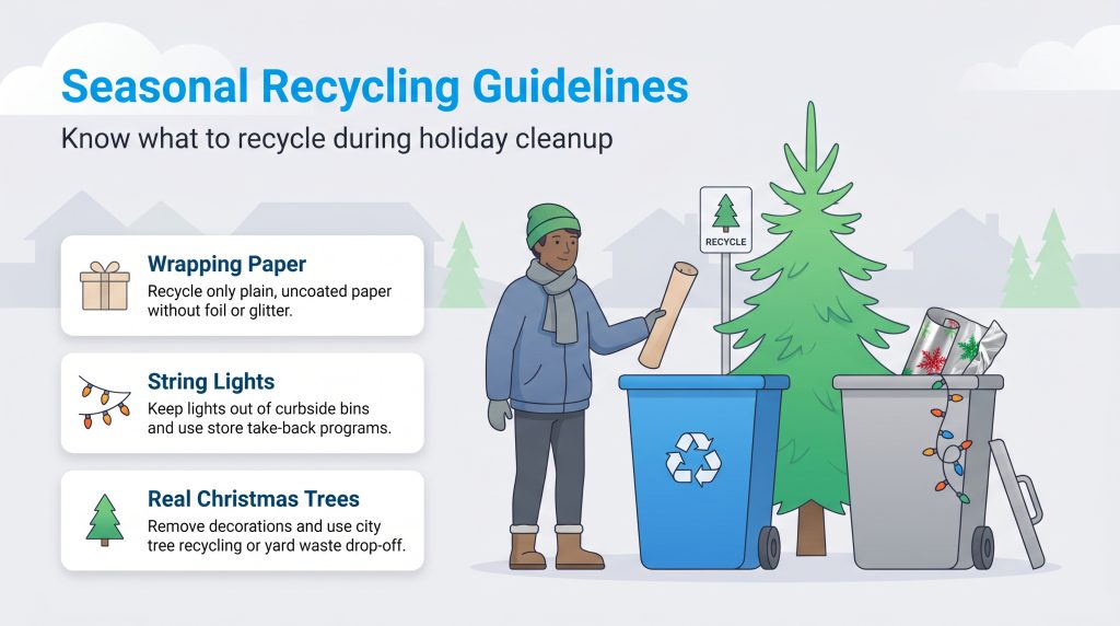 Infographic titled 'Seasonal Recycling Guidelines' showing what holiday items to recycle and how.