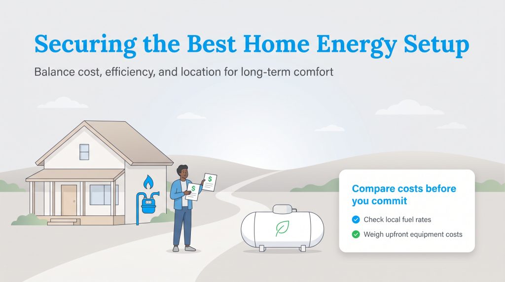 Infographic showing a man comparing home energy options, a natural gas meter, and a propane tank.