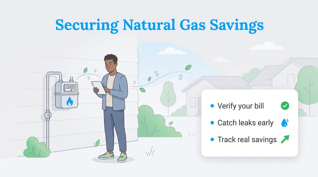 Illustration of a man reading a natural gas meter with a checklist showing benefits like verifying bills and catching leaks.