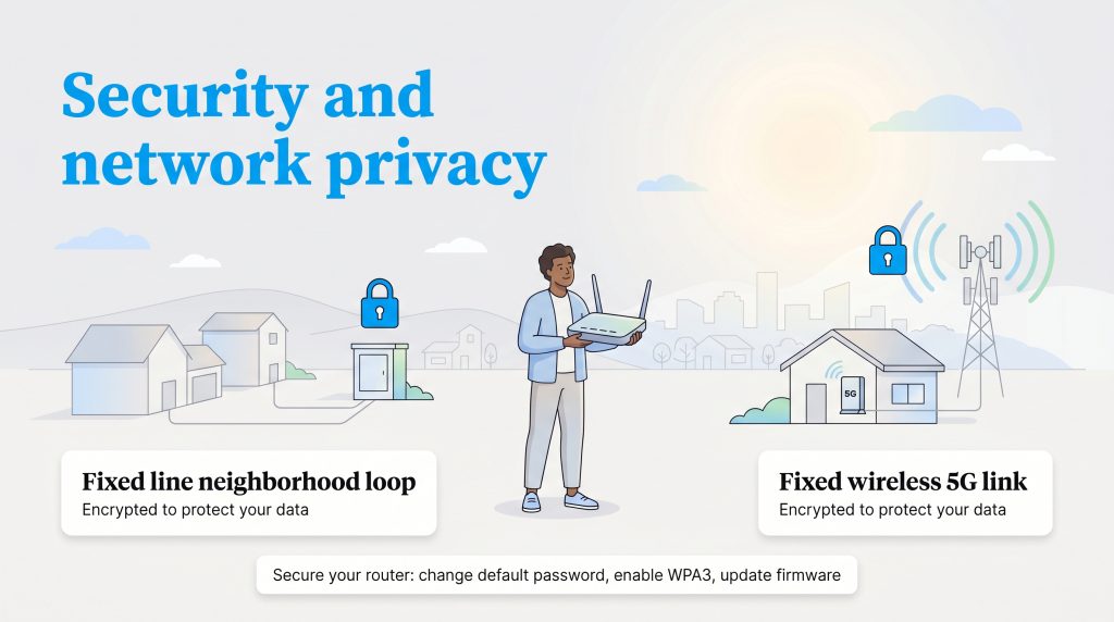 Infographic showing that fixed line and 5G internet are both encrypted, with tips to secure your router.