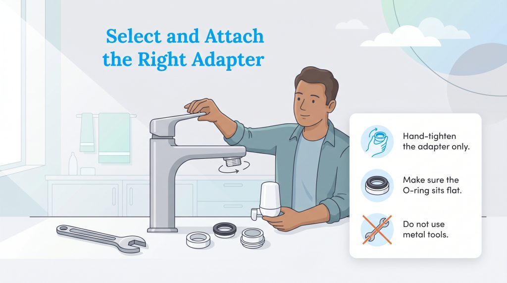 Man installs faucet adapter. Sidebar warns to hand-tighten, check the O-ring, and avoid metal tools.