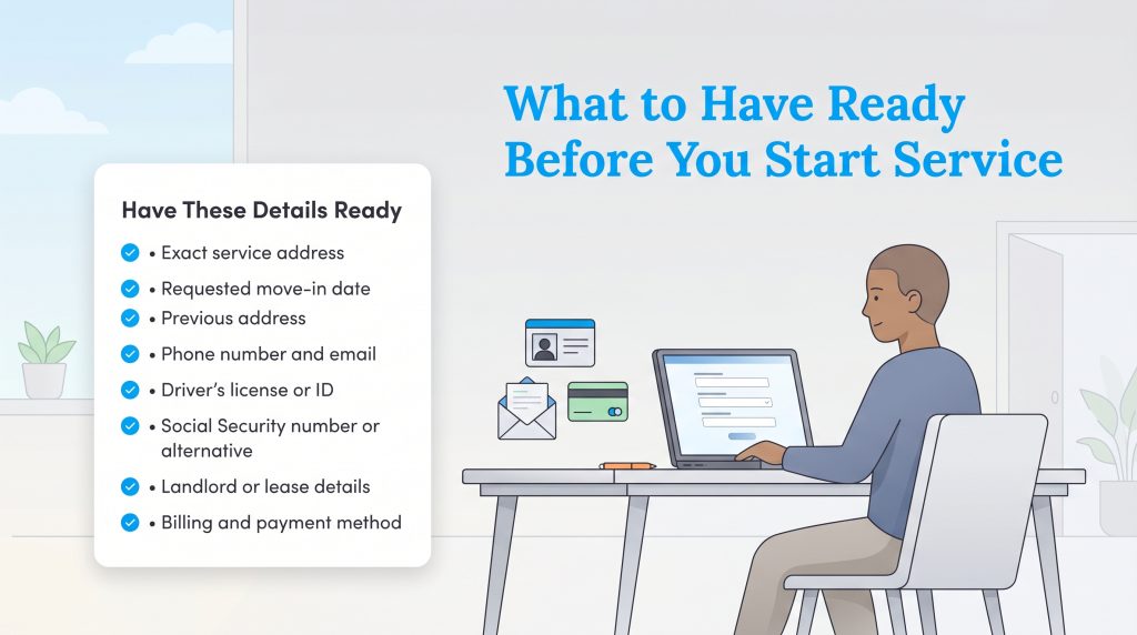 Infographic illustrating a checklist of personal details and documents required before starting a service.