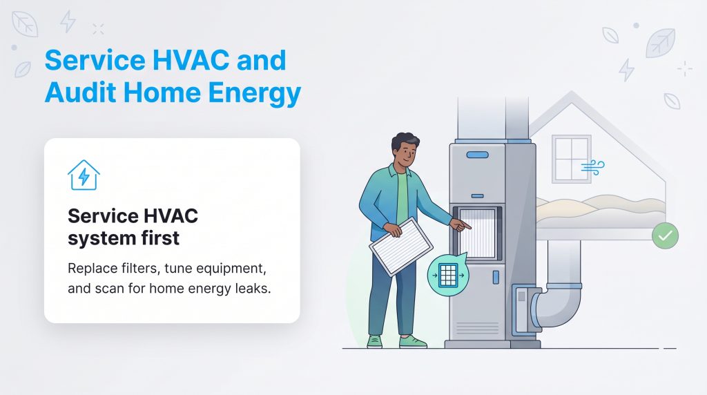 A man changes an HVAC filter while a house cross-section illustrates energy airflow and insulation.