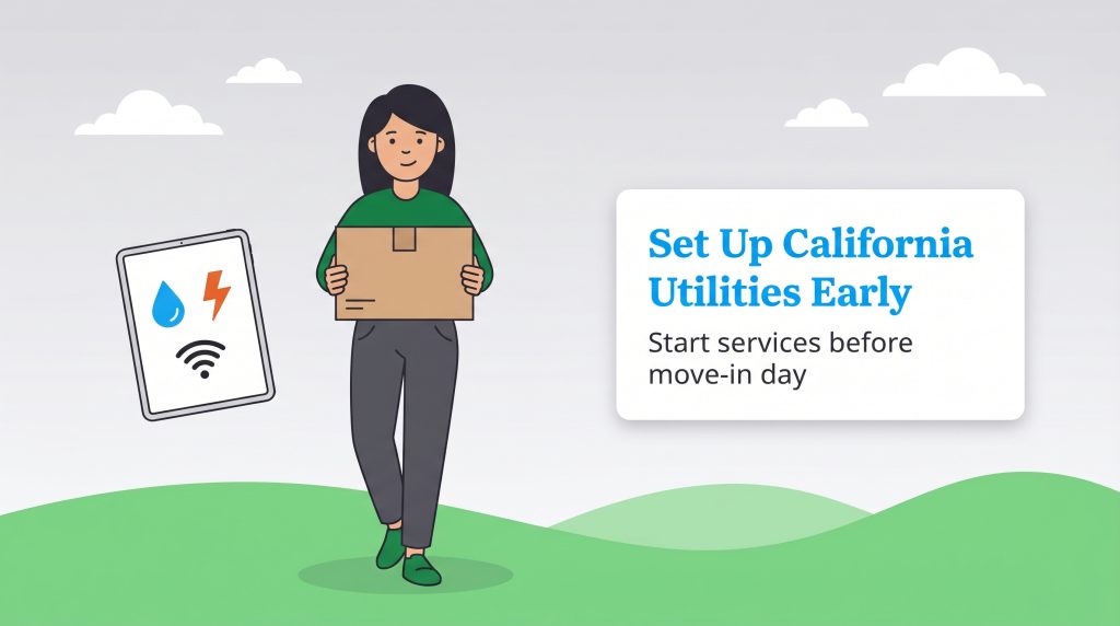 Woman with moving box and utility icons next to text: Set Up California Utilities Early.