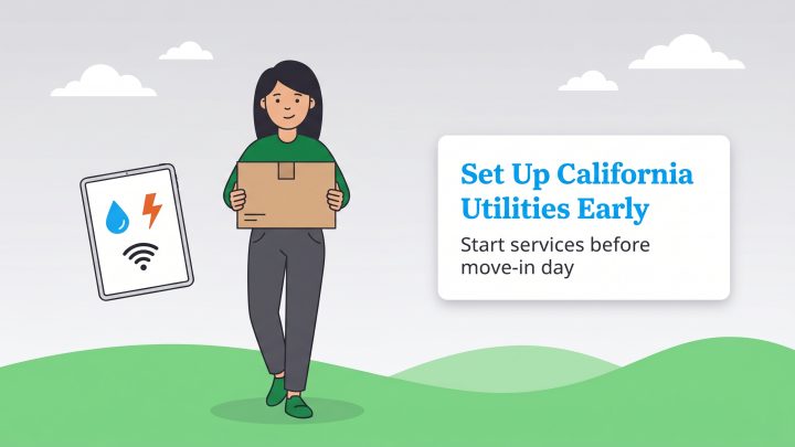 Woman with moving box and utility icons next to text: Set Up California Utilities Early.