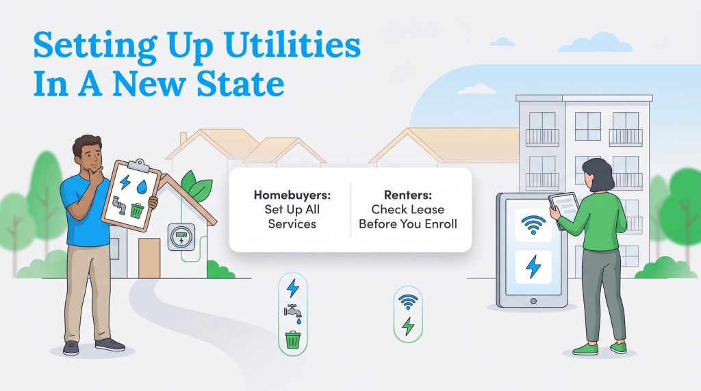 Illustration comparing utility setup responsibilities for homebuyers and renters in a new state.