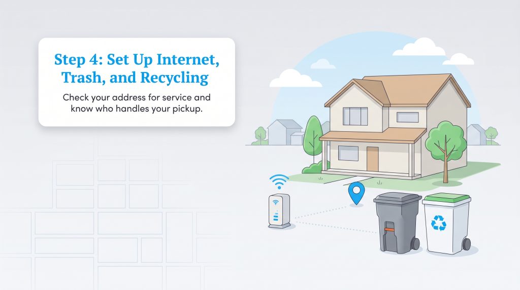 Step 4 graphic showing a house with internet router and trash and recycling bins.