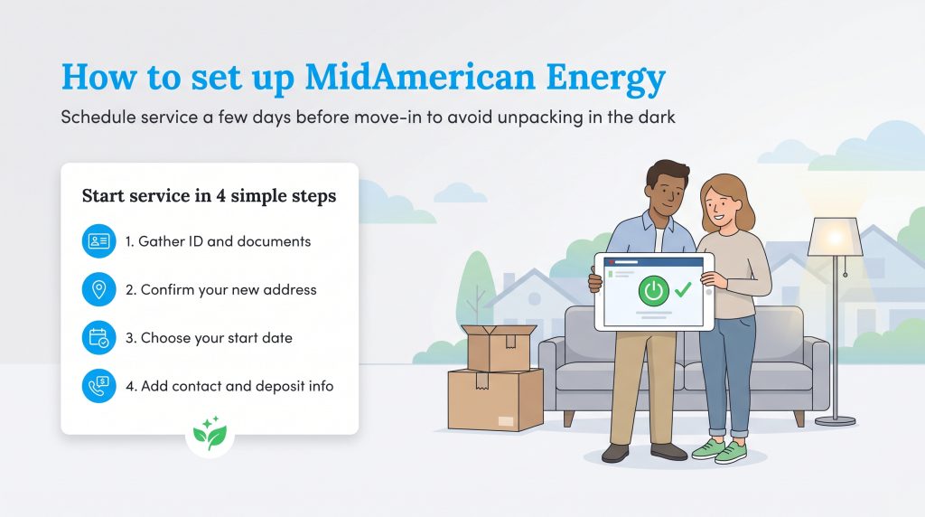 Infographic illustrating four simple steps to set up MidAmerican Energy service before moving in.