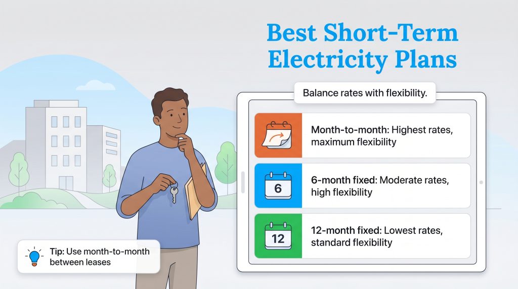 Illustration comparing month-to-month, 6-month, and 12-month fixed electricity rates and flexibility.