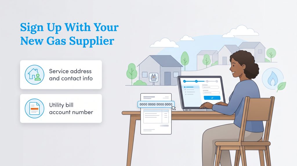 Woman on laptop signing up for gas service, with icons for required address, contact, and utility account number.
