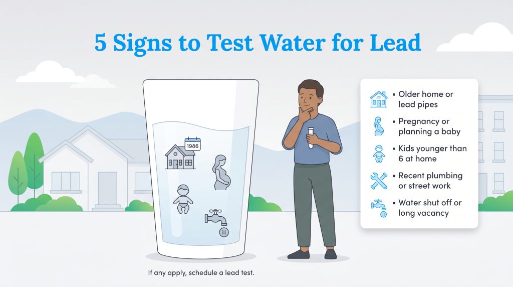 Infographic lists five signs to test water for lead, like older homes, pregnancy, and young kids.