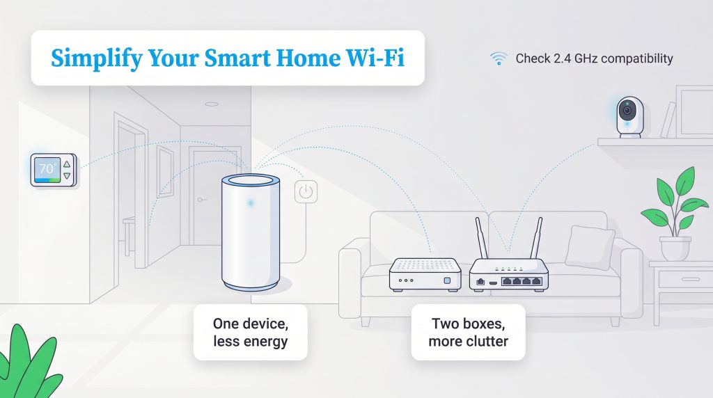 Diagram comparing a single Wi-Fi gateway (less energy) versus a two-box setup (more clutter).