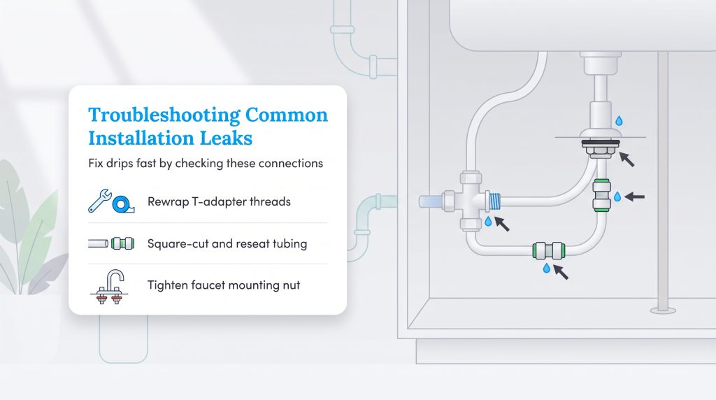 Diagram showing three common leak points under a sink and how to fix them with a wrench, tape, and tubing.