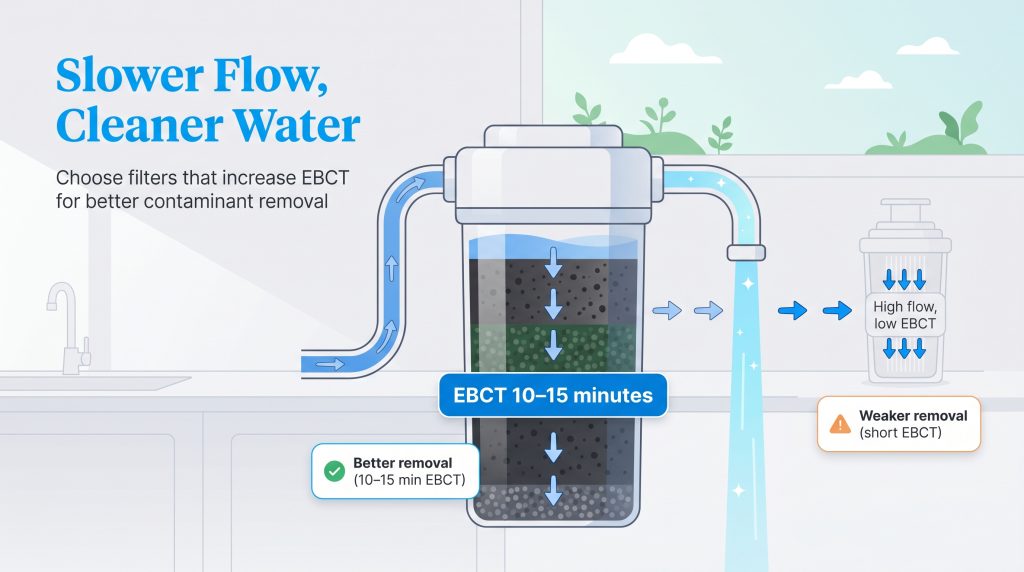 Diagram showing slow water flow with 10-15 minute contact time achieves better removal than fast flow.