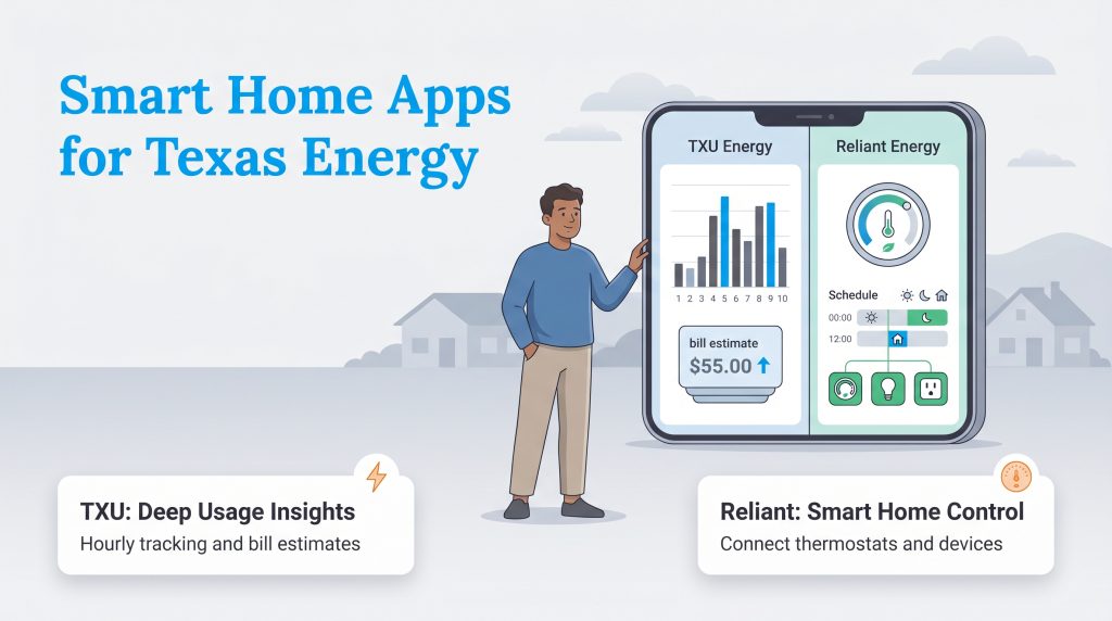 A man points to a smartphone showing TXU Energy's usage tracking and Reliant Energy's smart home controls.