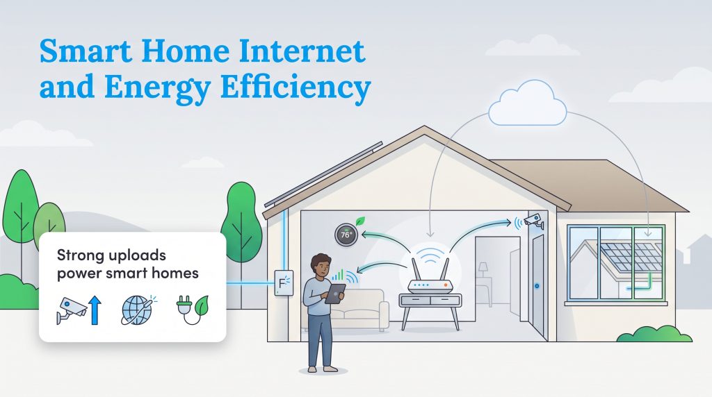 Diagram of a smart home highlighting how strong internet upload speeds power connected devices.