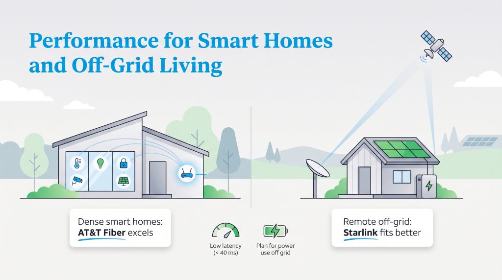Illustration comparing internet options: AT&T Fiber for smart homes and Starlink for remote off-grid living.