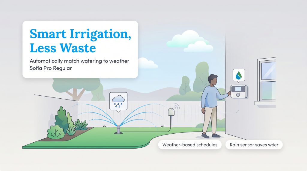 Illustration of a person using a smart irrigation controller and rain sensor to automate watering.
