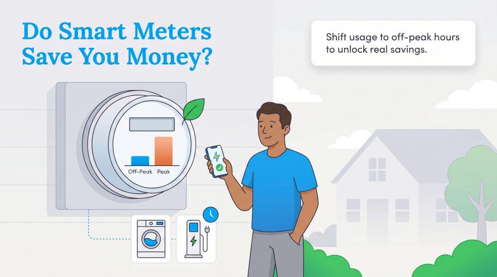 Man with phone next to smart meter, showing off-peak usage icons for appliances.