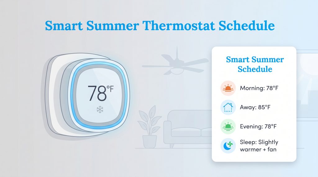 Smart thermostat at 78°F alongside a suggested summer cooling schedule for energy savings.