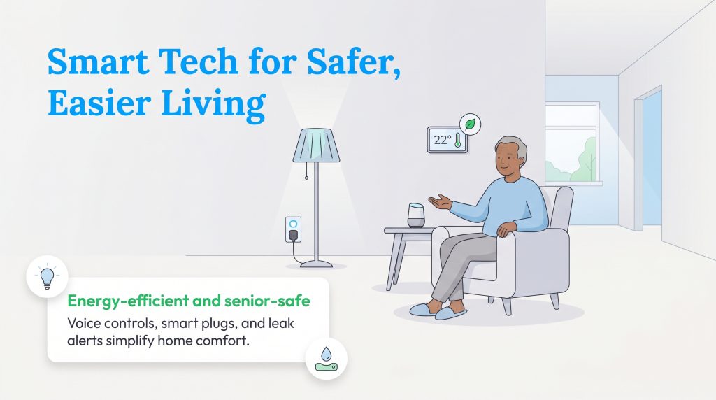 Illustration of a senior man using voice control for smart devices in his home.