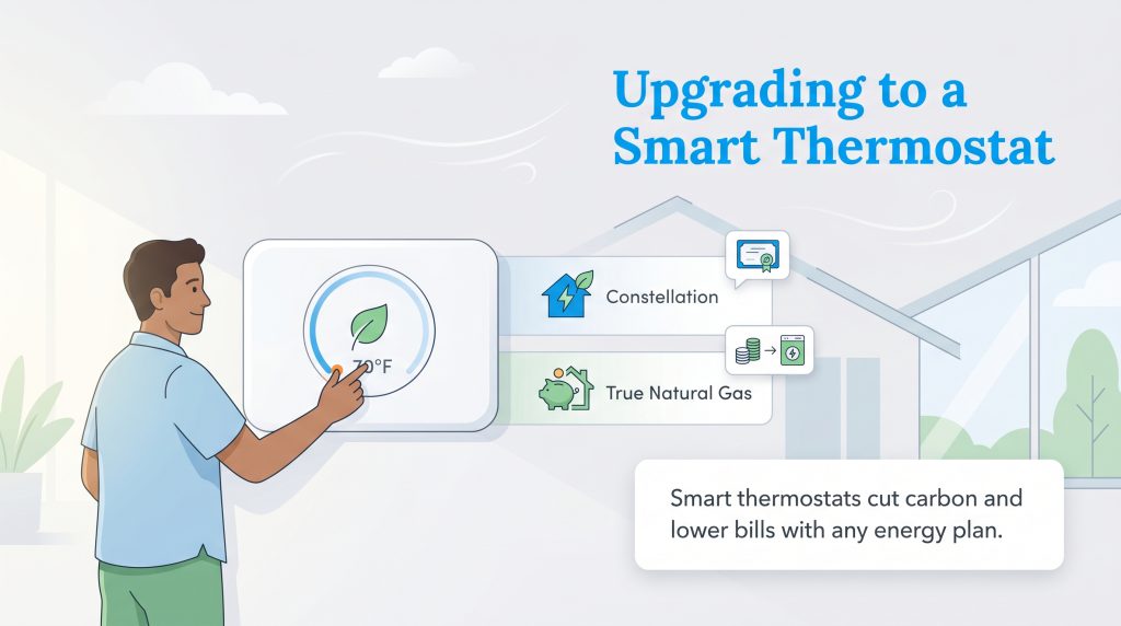 Man adjusts a smart thermostat that cuts carbon and lowers bills, with options for Constellation and True Natural Gas.