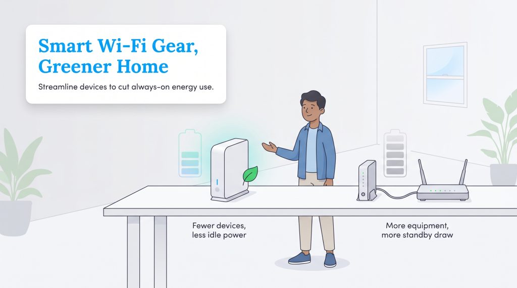 An illustration shows an all-in-one Wi-Fi gateway versus a separate modem and router, highlighting energy efficiency.