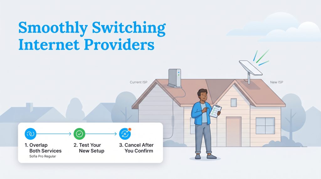 Infographic showing a 3-step process to smoothly switch ISPs by overlapping, testing, and then cancelling services.