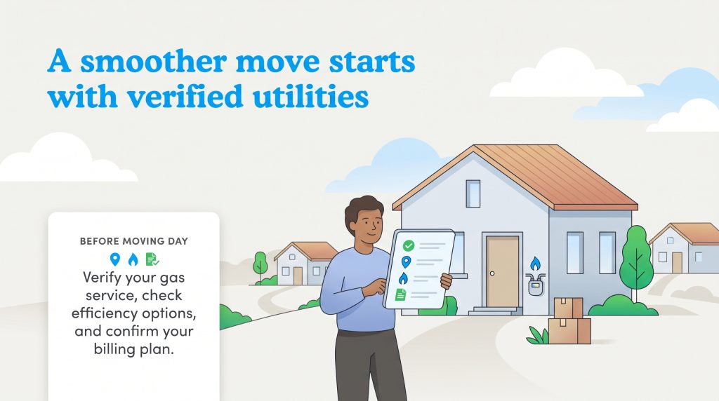Illustration showing a person reviewing a utility checklist before moving into a new house.