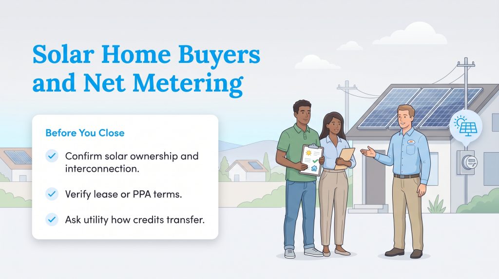 Infographic shows a checklist for solar home buyers and a real estate agent with a couple near a solar-equipped house.