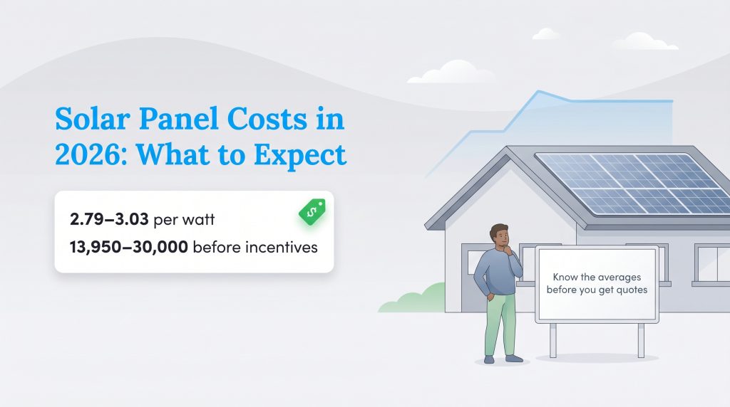 Infographic shows 2026 solar panel costs are $2.79-3.03 per watt or $13,950-30,000 before incentives.
