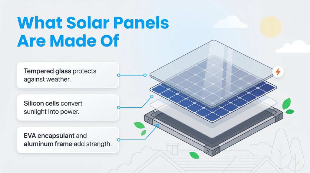 Diagram of solar panel layers: glass for protection, silicon cells for power, and a frame for strength.