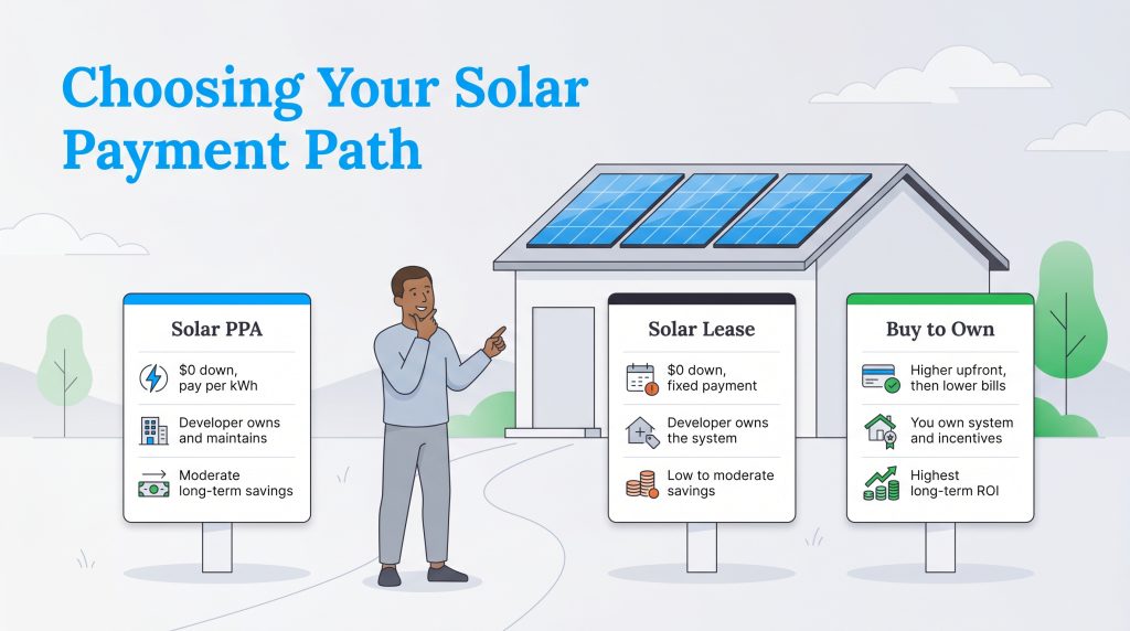 Illustration comparing features of Solar PPA, Solar Lease, and Buy to Own payment options.