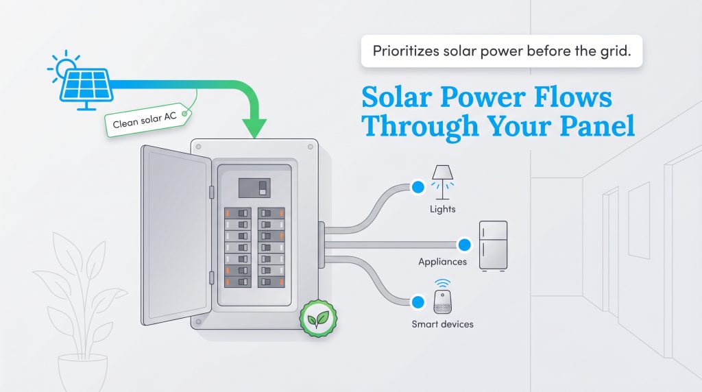 Diagram illustrating solar power flowing from panels into an electrical panel, then to lights and appliances.
