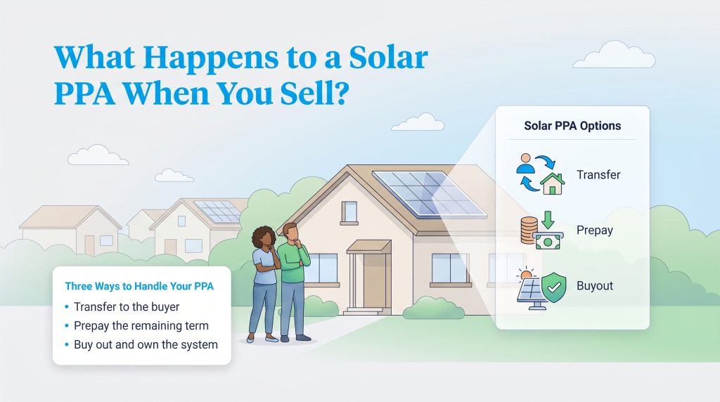 Infographic showing three options for a Solar PPA when selling a home: transfer, prepay, or buyout.