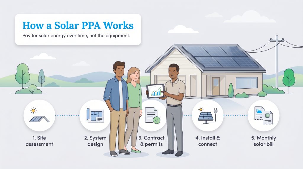 Illustration showing a couple and a solar installer in a 5-step Solar PPA process.