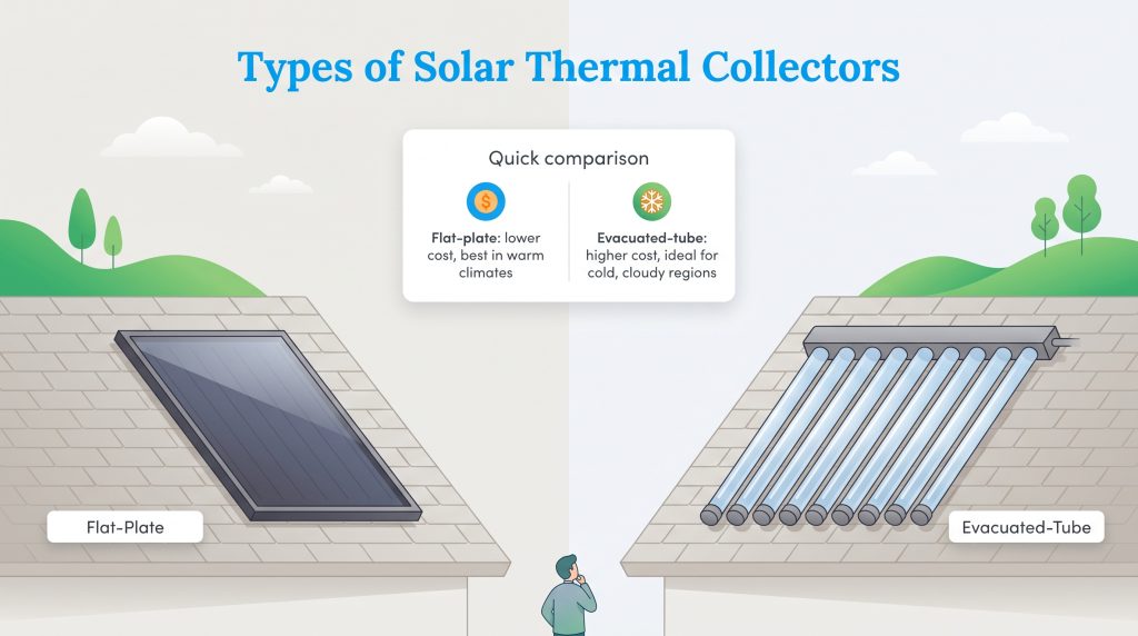 Illustration comparing flat-plate and evacuated-tube solar thermal collectors on roofs.