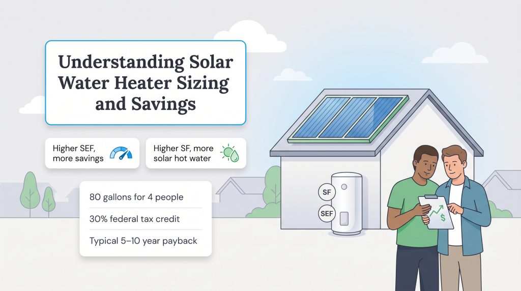 Illustration detailing solar water heater sizing, efficiency metrics, costs, and financial incentives.