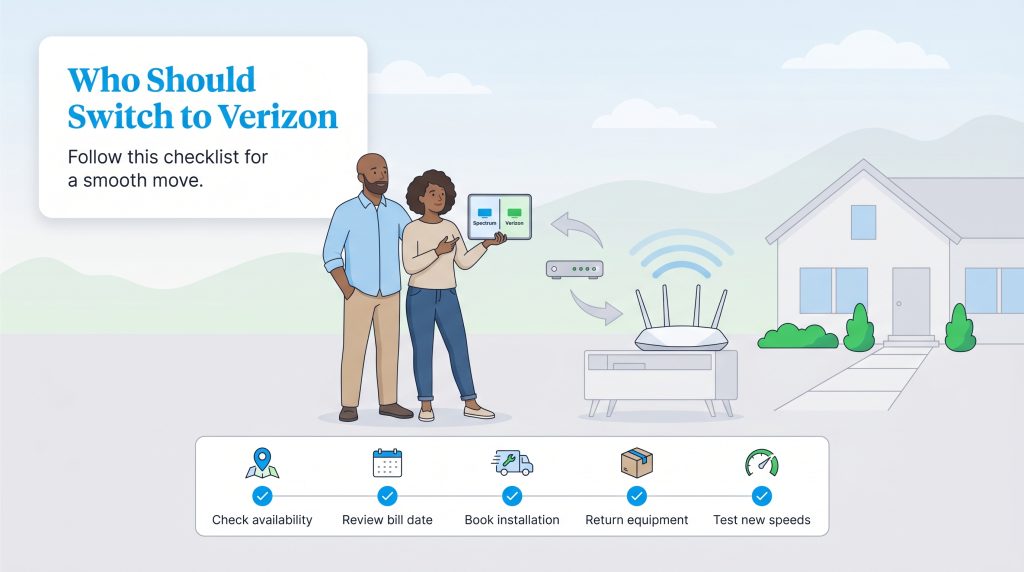 A couple uses a checklist to switch internet service from Spectrum to Verizon.