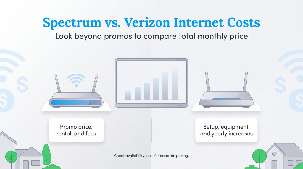 Spectrum vs. Verizon cost comparison infographic highlighting fees beyond promotional pricing.